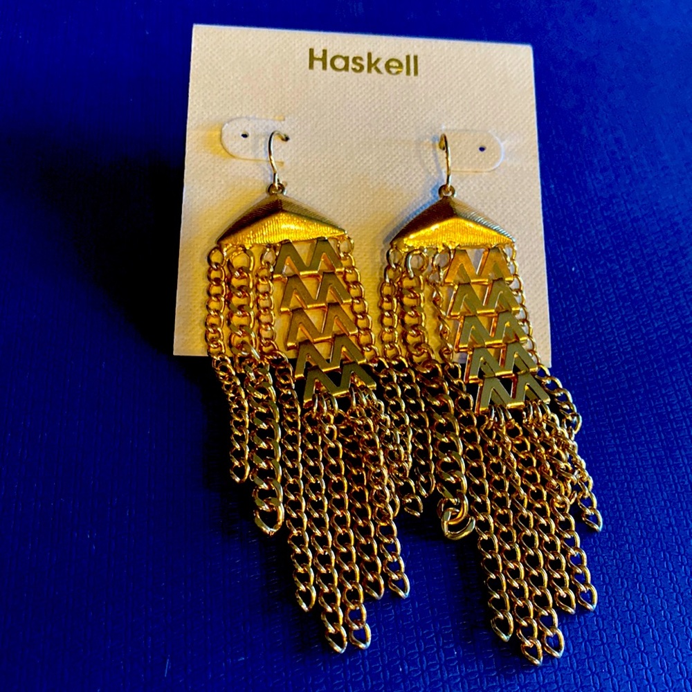 Haskell Gold Tone Signature Long Design Earrings NWOT